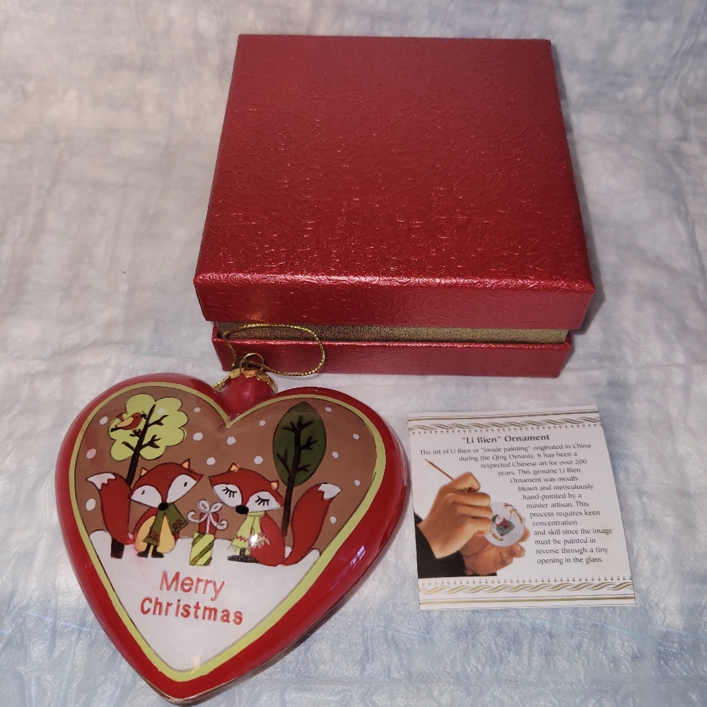 Pier 1 "Li Bien" Merry Christmas Fox Design Heart-Shaped Ornament 2014